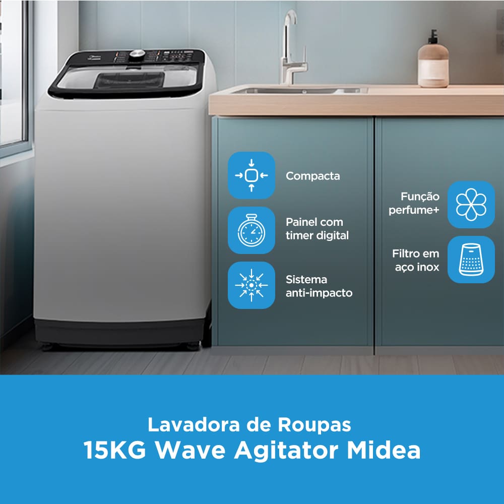Economia com a Lavadora de Roupas Midea Transforme a sua rotina de lavanderia com a máquina Wave Agitator, uma verdadeira revolução em eficiência e economia! Com o menor consumo de água da categoria, esta lavadora oferece o equilíbrio perfeito entre desempenho poderoso e responsabilidade ambiental. Surpreenda-se com a incrível capacidade desta máquina, que, mesmo sendo a mais compacta da categoria, proporciona uma solução eficiente para lares modernos, unindo praticidade e performance em um único equipamento.