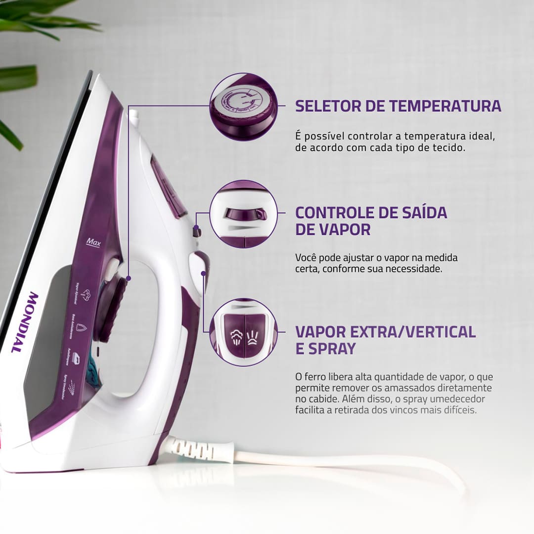 Ferro a Vapor Mondial Ceramic Express F-40. Com o Ferro a Vapor Mondial Ceramic Express F-40, você passa suas roupas com facilidade e sem esforço. Ele possui base com revestimento em cerâmica, que garante um deslizar suave sobre os tecidos, assim, as peças ficam lisinhas e sem vincos rapidamente. O aparelho oferece a eficiência necessária para simplificar o seu dia a dia!