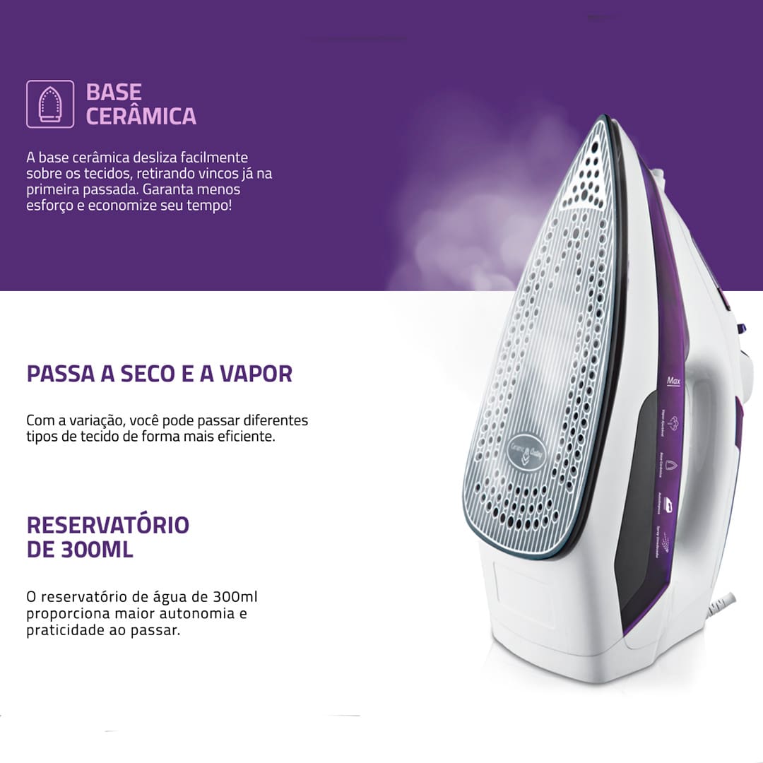 Ferro a Vapor Mondial Ceramic Express F-40. Com o Ferro a Vapor Mondial Ceramic Express F-40, você passa suas roupas com facilidade e sem esforço. Ele possui base com revestimento em cerâmica, que garante um deslizar suave sobre os tecidos, assim, as peças ficam lisinhas e sem vincos rapidamente. O aparelho oferece a eficiência necessária para simplificar o seu dia a dia!