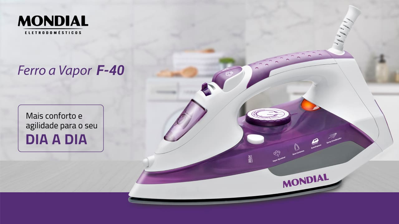 Ferro a Vapor Mondial Ceramic Express F-40. Com o Ferro a Vapor Mondial Ceramic Express F-40, você passa suas roupas com facilidade e sem esforço. Ele possui base com revestimento em cerâmica, que garante um deslizar suave sobre os tecidos, assim, as peças ficam lisinhas e sem vincos rapidamente. O aparelho oferece a eficiência necessária para simplificar o seu dia a dia!