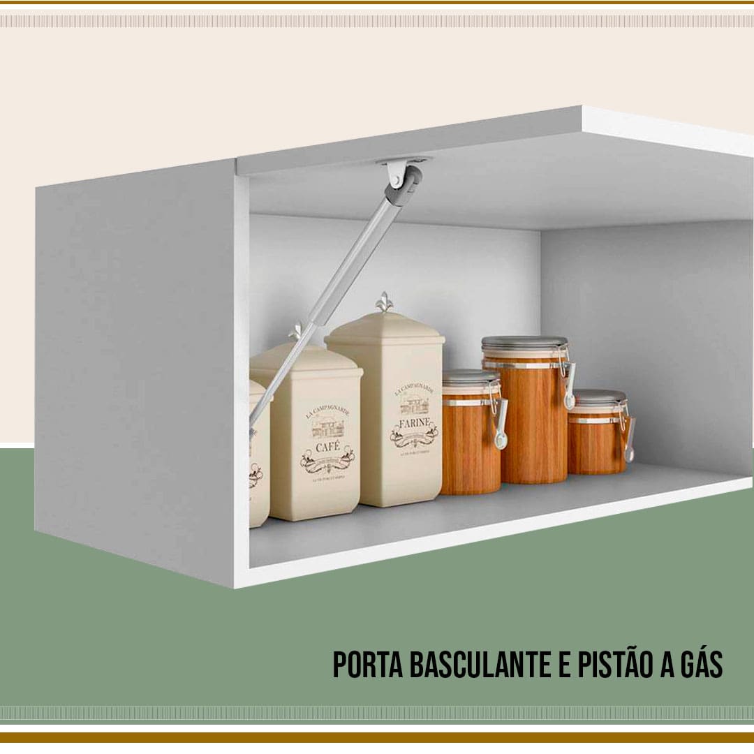 porta basculante e pistão a gás branca aberta parte interna à mostra potes marrom guardados café farine