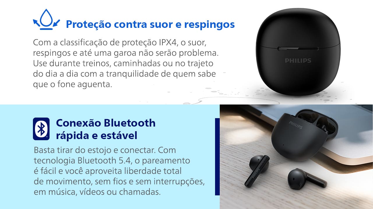 Fone de Ouvido Philips TAT1139BK/00 Bluetooth TWS IPX4 26h de Bateria Preto