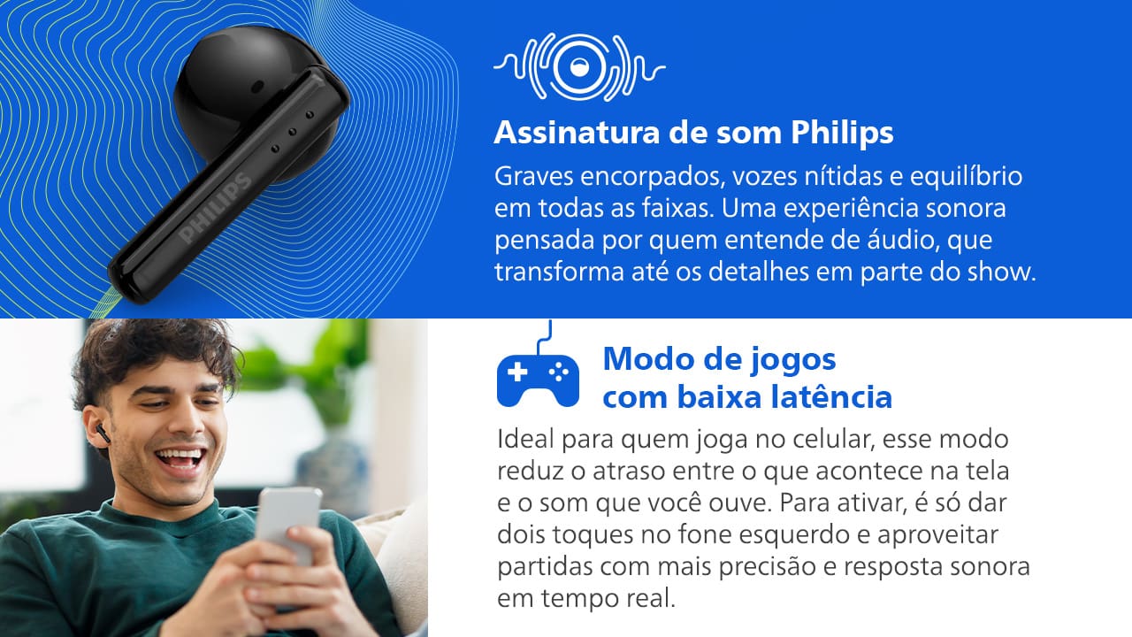 Fone de Ouvido Philips TAT1139BK/00 Bluetooth TWS IPX4 26h de Bateria Preto