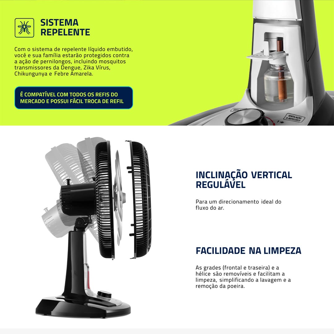 Tenha em casa ou no escritório um ambiente muito mais refrescante e harmonioso! Com o Ventilador de Mesa Mondial VTX-40-8P, o clima estará sempre agradável. Com hélice de 40cm de 8 pás, o equipamento tem inclinação regulável, grade segura e removível para limpeza, e é muito silencioso. Mas o diferencial do ventilador Mondial é a sua função repelente líquido, pois ele é compatível com os refis repelentes atuais do mercado, tornando-se mais eficaz contra os mosquitos transmissores da Dengue, Zika vírus e Chikungunya, entre outros.