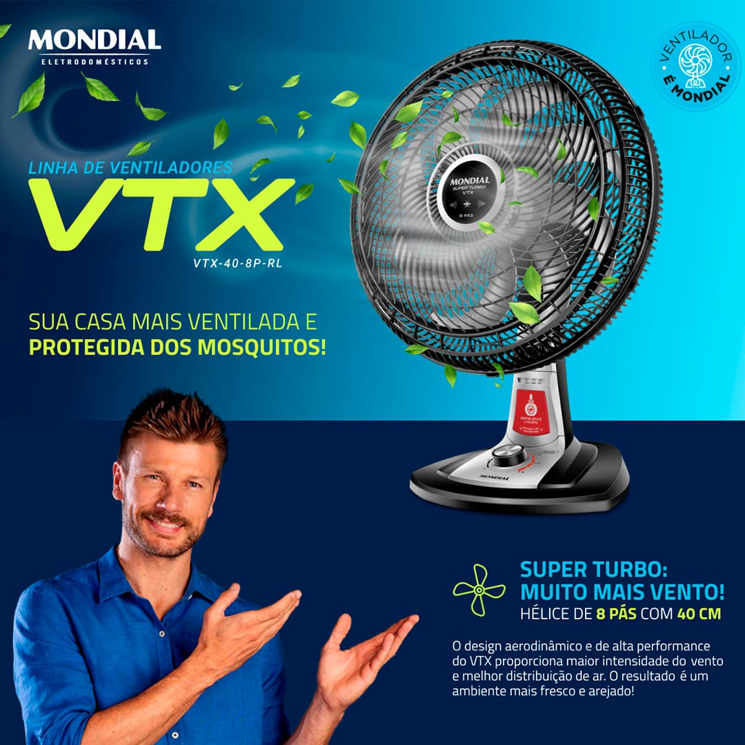 Tenha em casa ou no escritório um ambiente muito mais refrescante e harmonioso! Com o Ventilador de Mesa Mondial VTX-40-8P, o clima estará sempre agradável. Com hélice de 40cm de 8 pás, o equipamento tem inclinação regulável, grade segura e removível para limpeza, e é muito silencioso. Mas o diferencial do ventilador Mondial é a sua função repelente líquido, pois ele é compatível com os refis repelentes atuais do mercado, tornando-se mais eficaz contra os mosquitos transmissores da Dengue, Zika vírus e Chikungunya, entre outros.