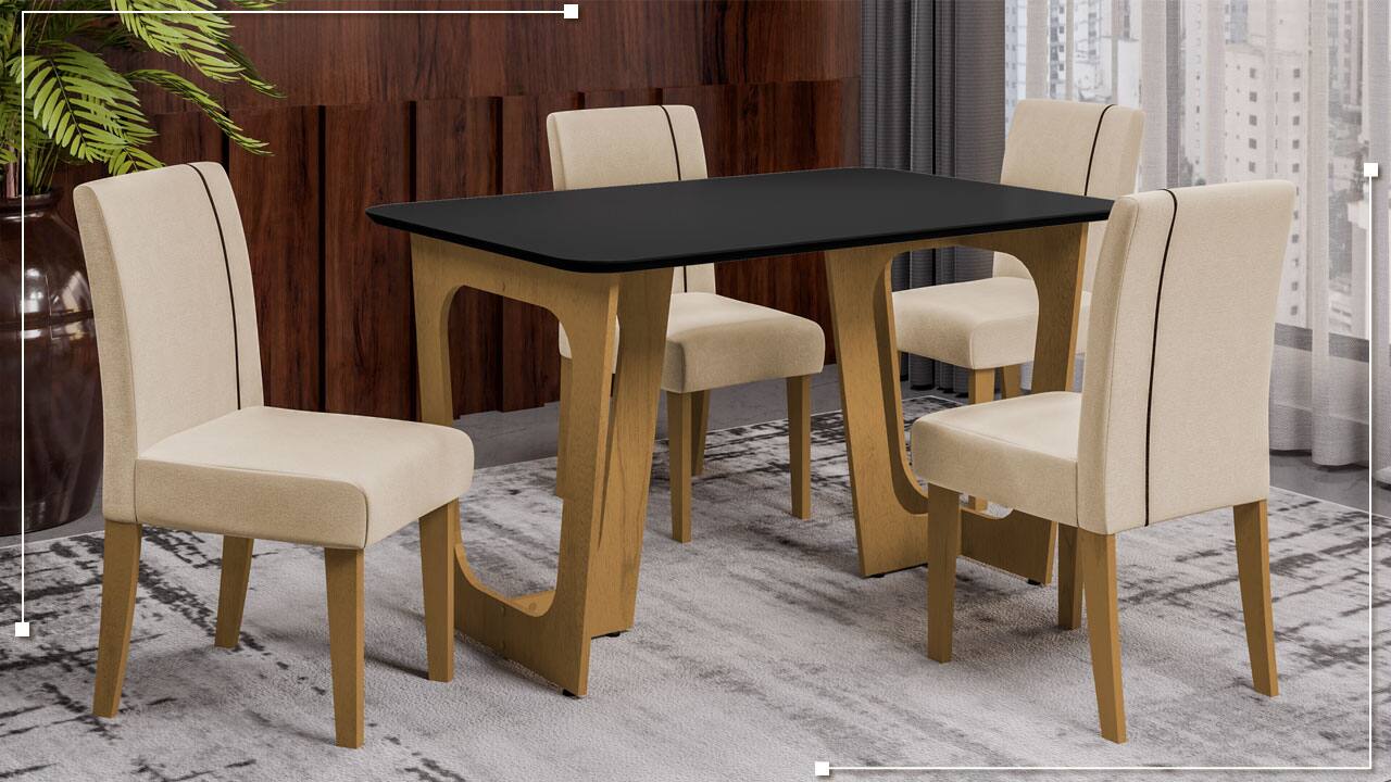Mesa Jantar Dobuê Áustria 4 Cadeiras conjunto sala de jantar tampo formato retangular
