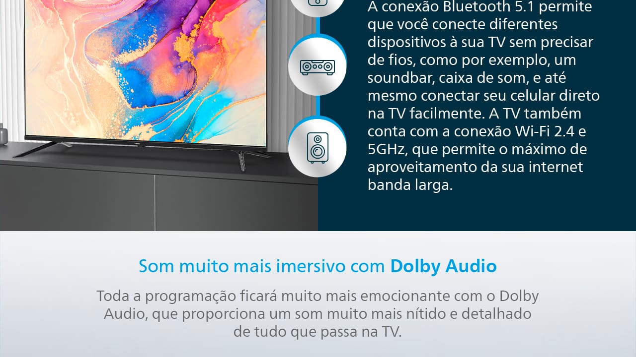 Qualidade de imagem impressionante em 4K A Smart TV Philips 50" 4K 50PUG7019 traz uma experiência visual imersiva com sua resolução Ultra HD 4K. Cada detalhe é colorido com conforto e nitidez, proporcionando cores vibrantes e contrastes profundos. Com uma tela plana de 50 polegadas, você desfruta de uma visão ampla, perfeita para assistir seus filmes, séries e jogos favoritos com qualidade cinematográfica.