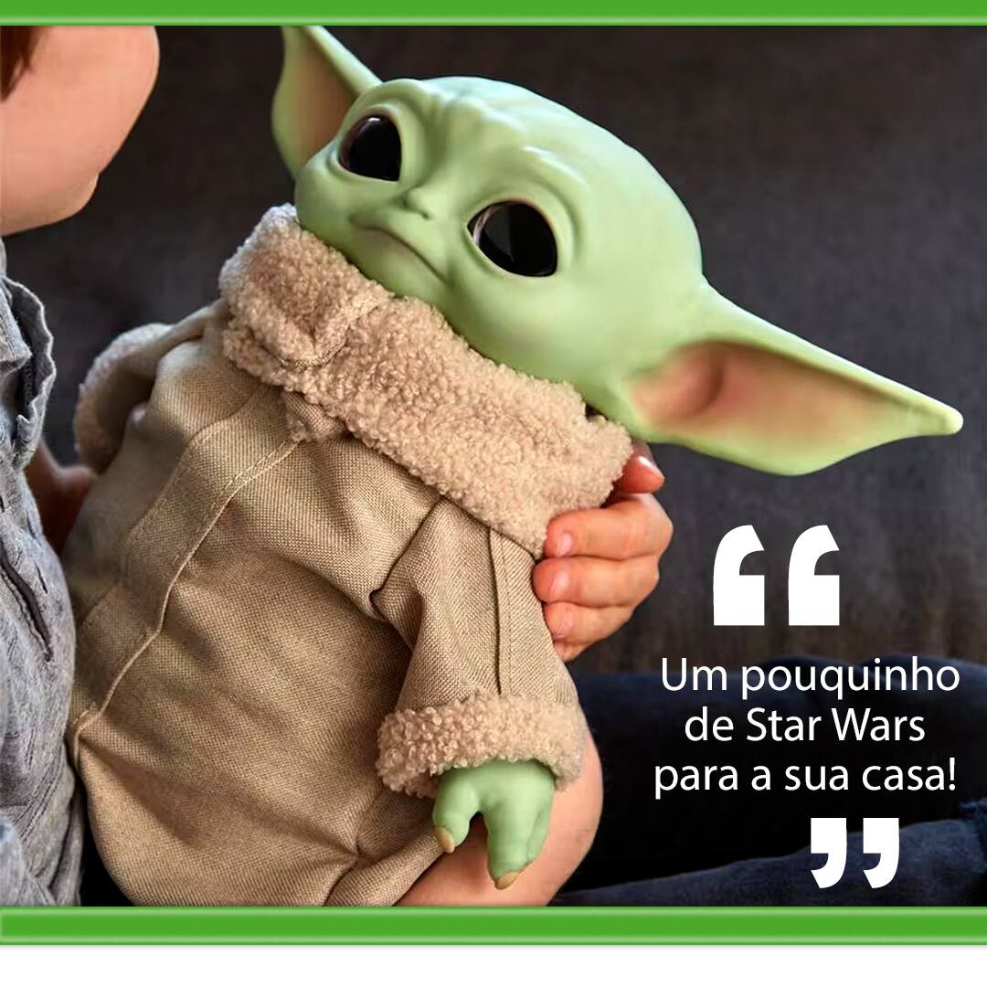 um pouquinho de star wars para a sua casa! Boneco Baby Yoda verde roupa marrom colo criança menino menina mãos