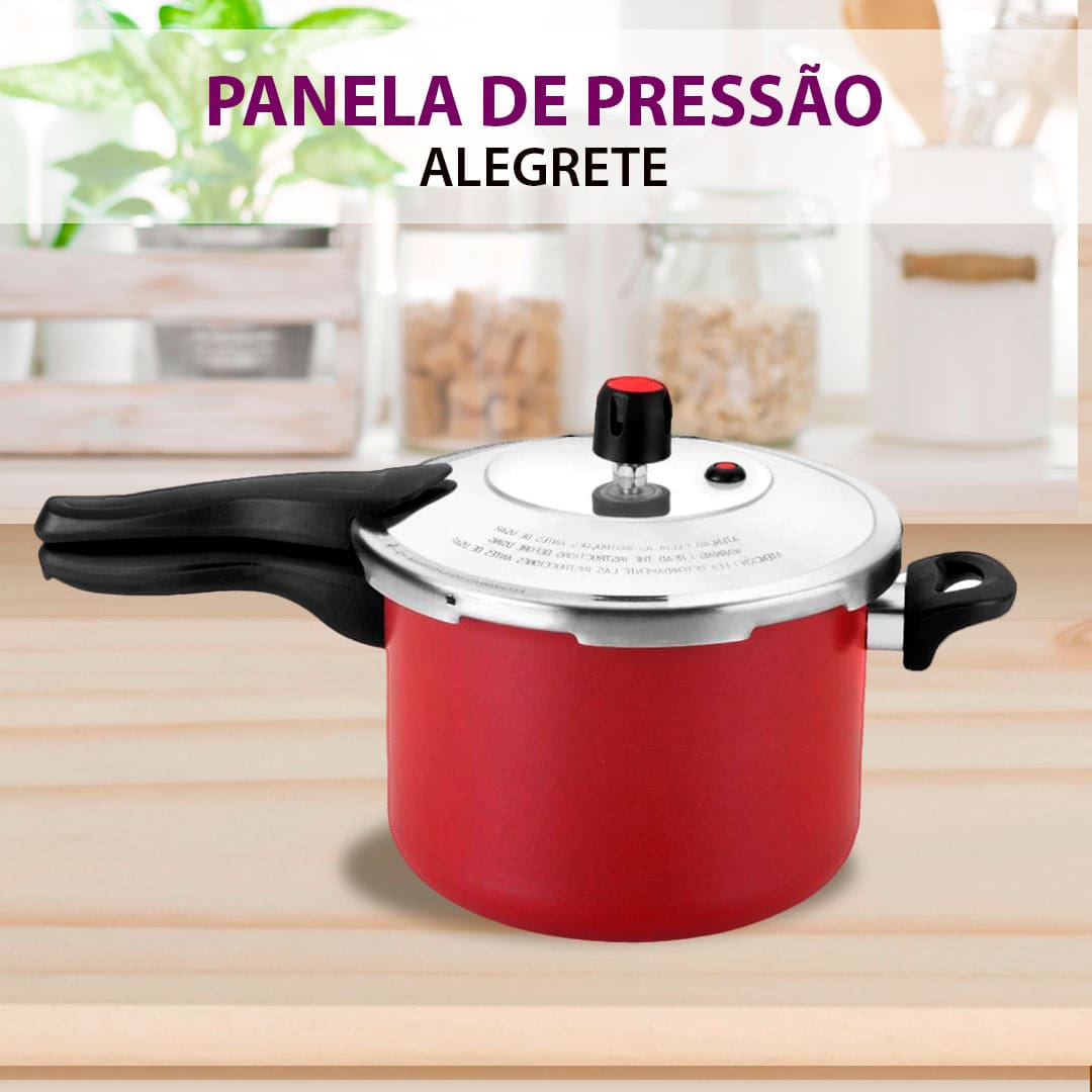 imagem frontal frente panela de pressão alegrete vermelha preta prata bancada madeira marrom fundo cozinha utensílios domésticos potes vidro transparentes vaso planta verde