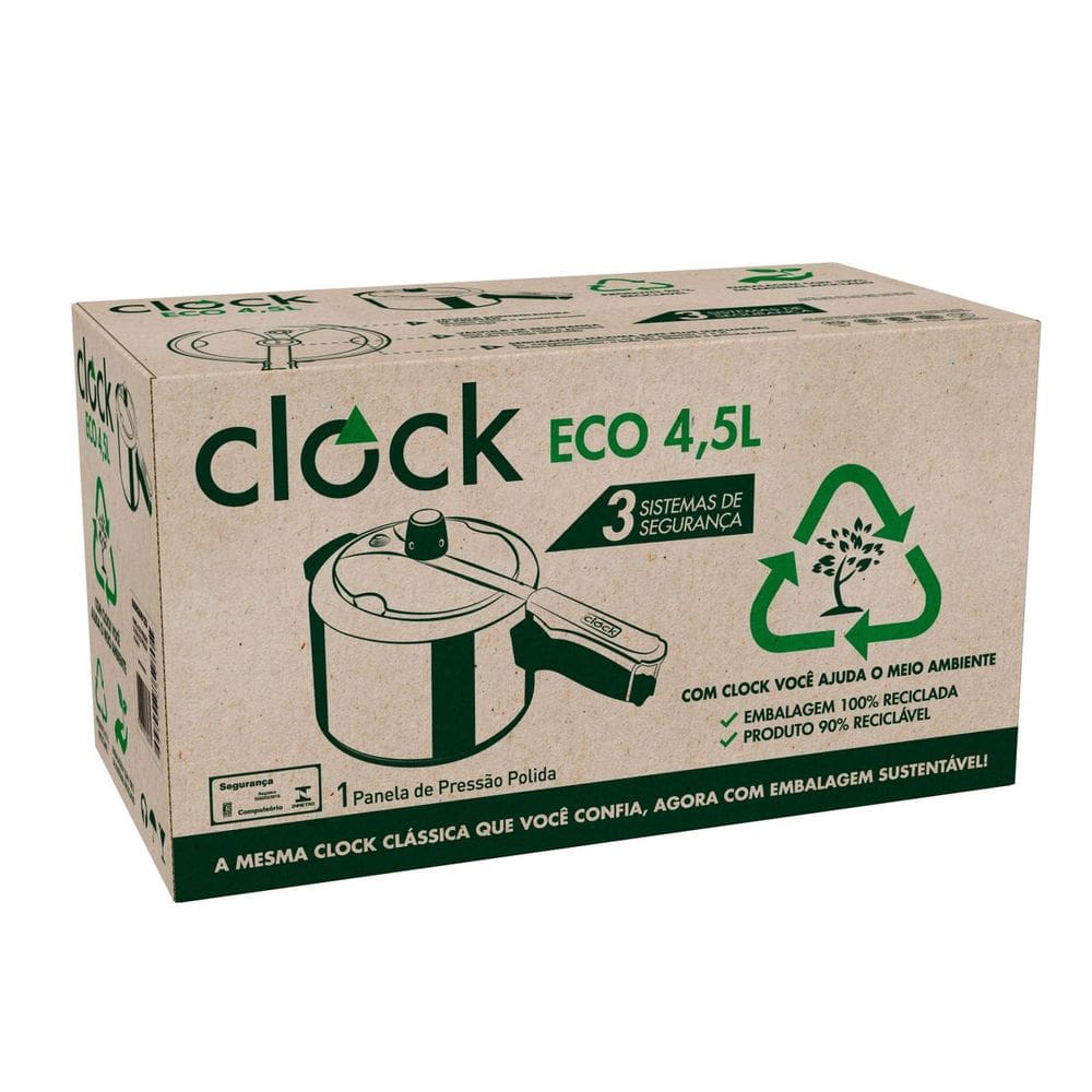 Panela de Pressão Clock 4,5 Litros Eco Polida Fechamento Interno Prata
