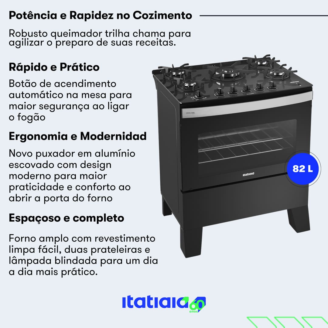 O Fogão Itatiaia 5 Bocas Itaglass Plus é a escolha perfeita para quem busca um fogão robusto, com design moderno e alta performance. Ele conta com trempes individuais em ferro fundido com 8 apoios, que garantem maior estabilidade e segurança para as panelas. O queimador tripla chama é ideal para preparar receitas que exigem mais potência, como carnes e legumes. Ele garante um cozimento rápido e uniforme.