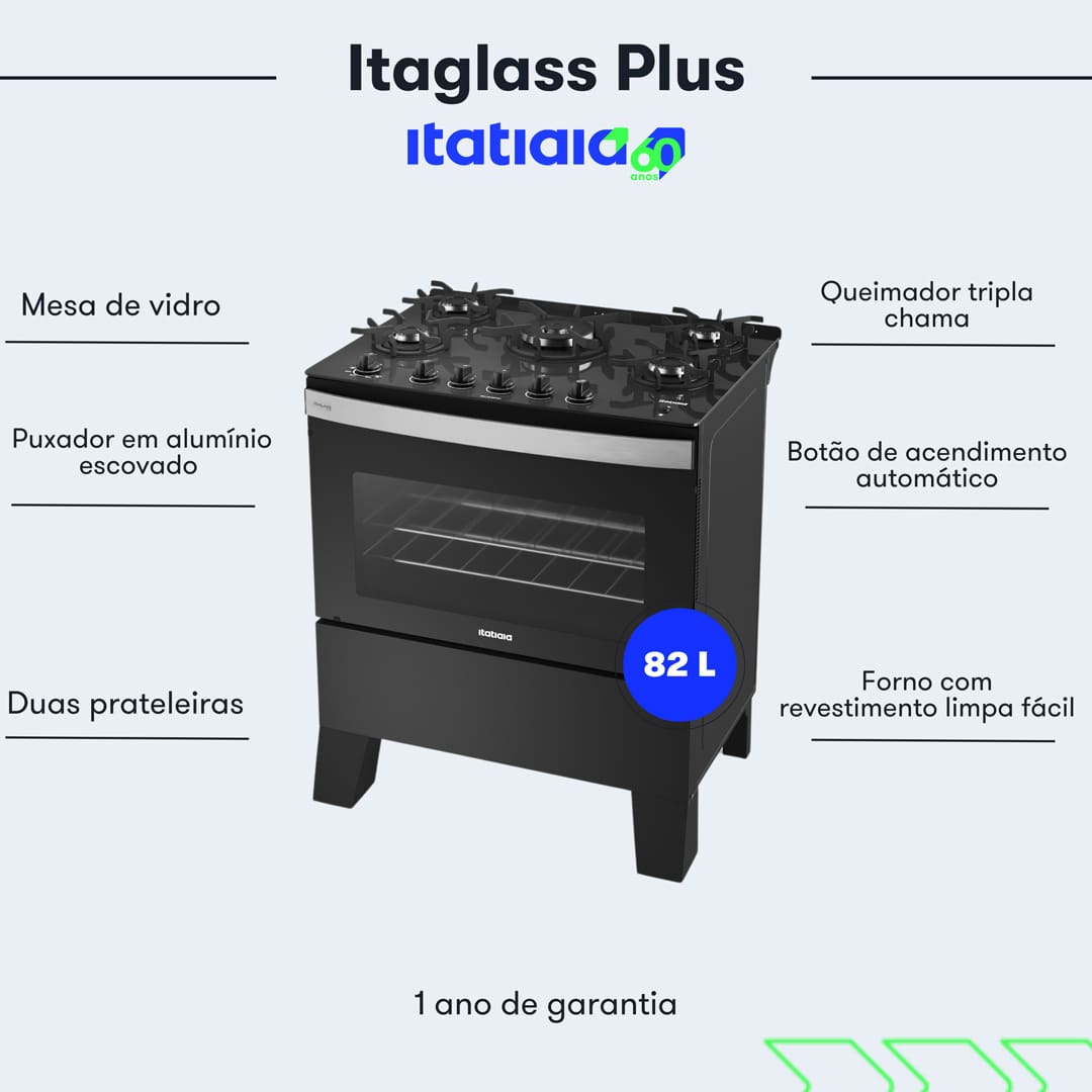 O Fogão Itatiaia 5 Bocas Itaglass Plus é a escolha perfeita para quem busca um fogão robusto, com design moderno e alta performance. Ele conta com trempes individuais em ferro fundido com 8 apoios, que garantem maior estabilidade e segurança para as panelas. O queimador tripla chama é ideal para preparar receitas que exigem mais potência, como carnes e legumes. Ele garante um cozimento rápido e uniforme.