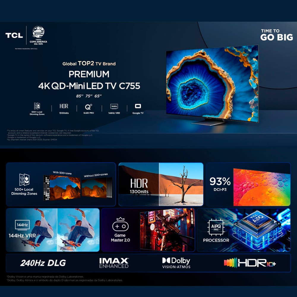 Design Sofisticado e Tecnológico Desfrute de uma experiência de entretenimento incrível com a Smart TV QLED 4K da TCL. Combina tecnologia de ponta, qualidade de imagem, áudio imersivo e conectividade avançada. Com um design sem bordas e resolução 4k Mini LED, sendo perfeita para você que deseja ter uma experiência de cinema na sua sala.