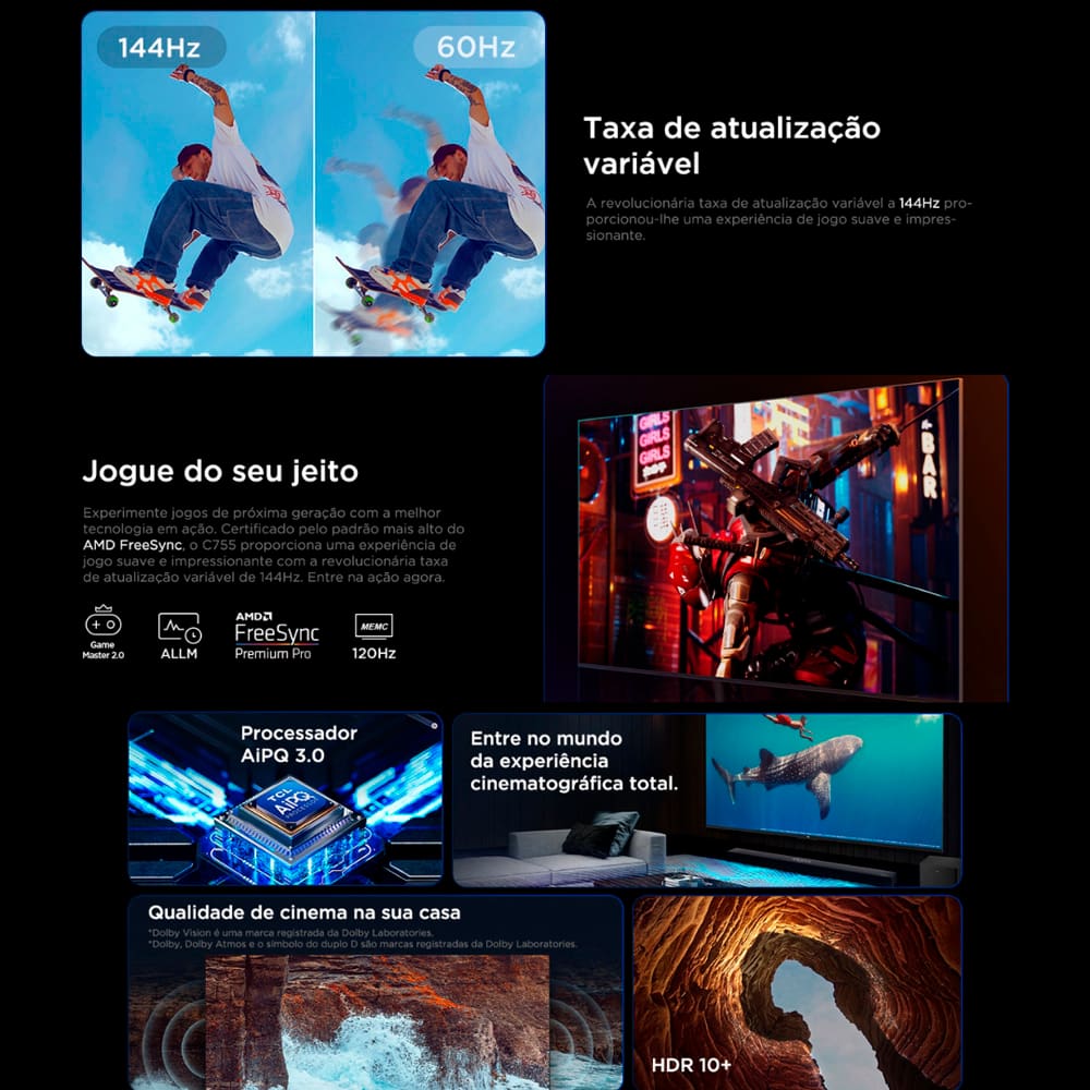 Design Sofisticado e Tecnológico Desfrute de uma experiência de entretenimento incrível com a Smart TV QLED 4K da TCL. Combina tecnologia de ponta, qualidade de imagem, áudio imersivo e conectividade avançada. Com um design sem bordas e resolução 4k Mini LED, sendo perfeita para você que deseja ter uma experiência de cinema na sua sala.