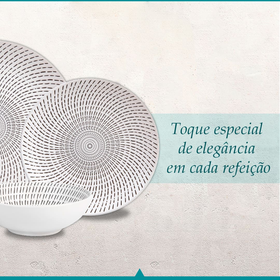 Toque especial de elegância em cada refeição imagem frontal frente pratos tigela branco brancos estampa design arte desenho abstrato fundo bege 