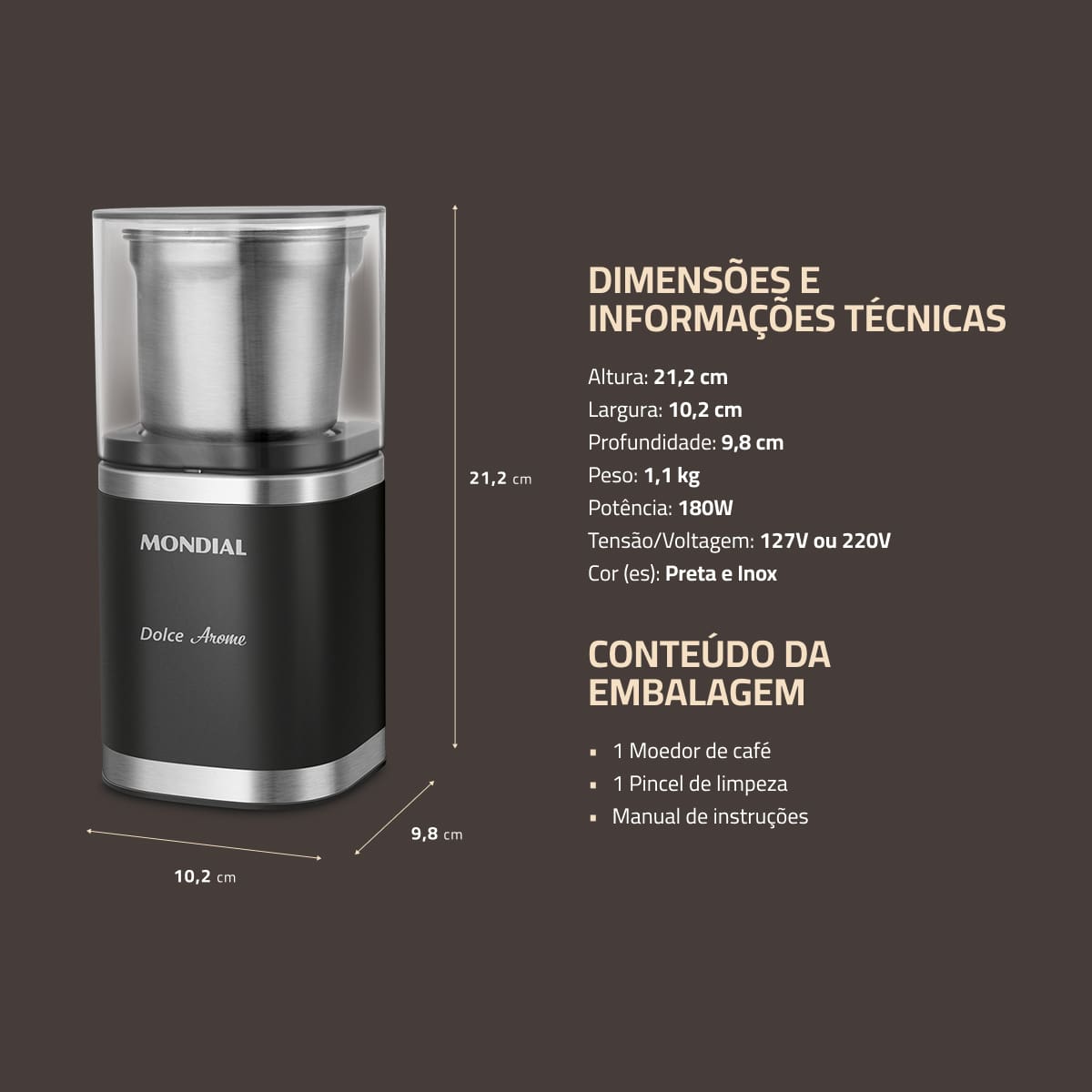 Moedor de Café Mondial MCF-01-BI Inox 180W 60g