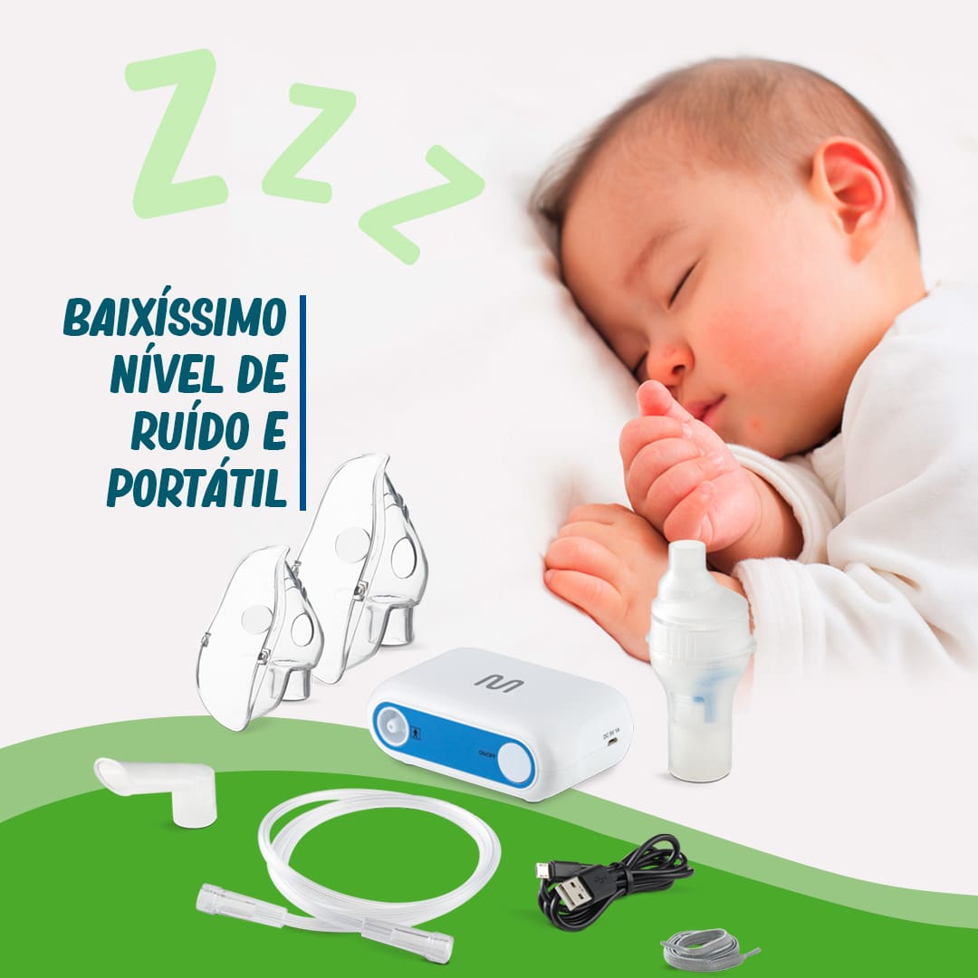 Baixíssimo nível de ruído e portátil bebê nenê neném deitado dormindo olhos fechados Inalador Neb Compact Multi Saúde equipamento máscaras fios cabos acessórios 