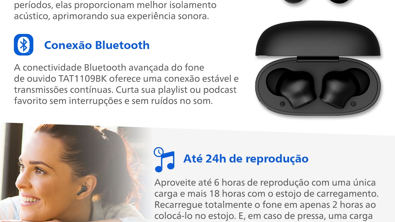 Fone de Ouvido Philips TWS Bluetooth IPX4 Preto