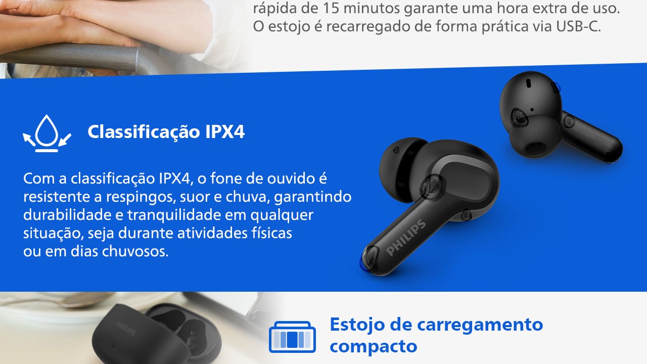 Fone de Ouvido Philips TWS Bluetooth IPX4 Preto