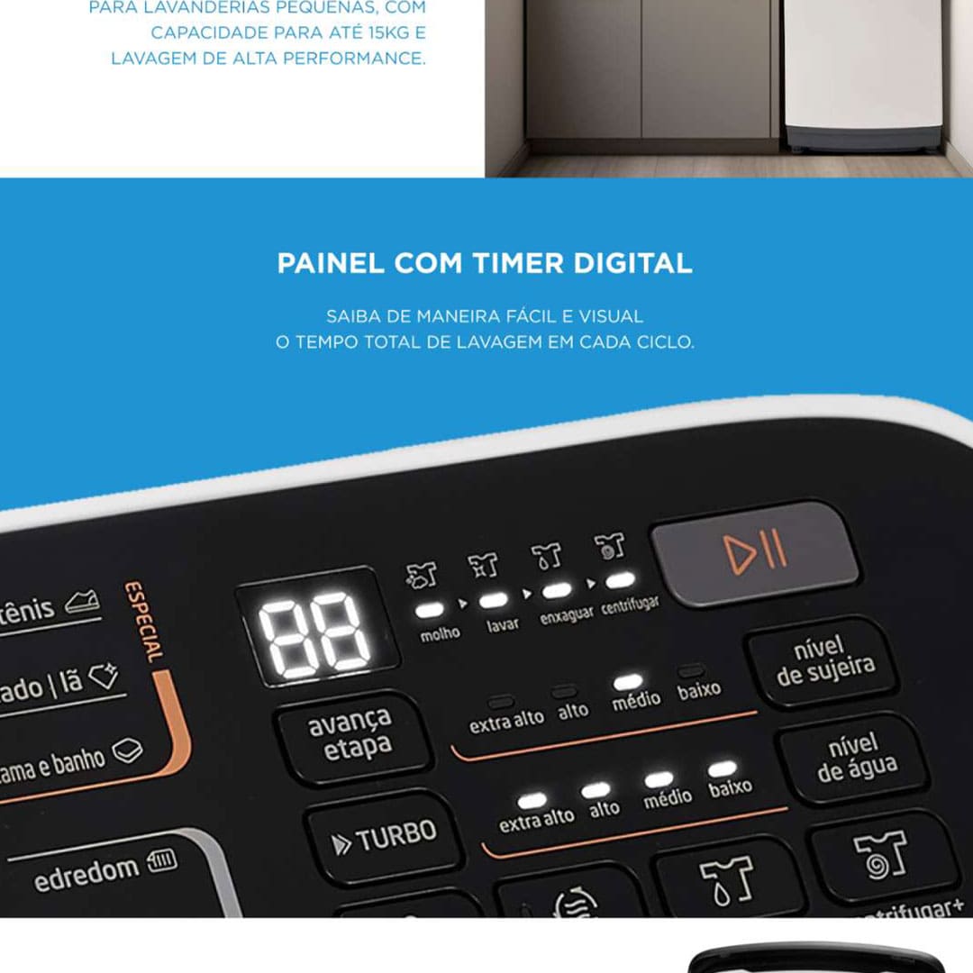 Alta capacidade com economia de água A Lavadora de Roupas Midea Wave Agitator combina eficiência e sustentabilidade, sendo a máquina de lavar de 15kg com o menor consumo de água da categoria. Compacta e potente, essa máquina de lavar roupa Midea é perfeita para lares modernos, unindo grande capacidade e design inteligente. Ideal para quem busca praticidade, ela transforma sua rotina de lavanderia com desempenho excepcional.