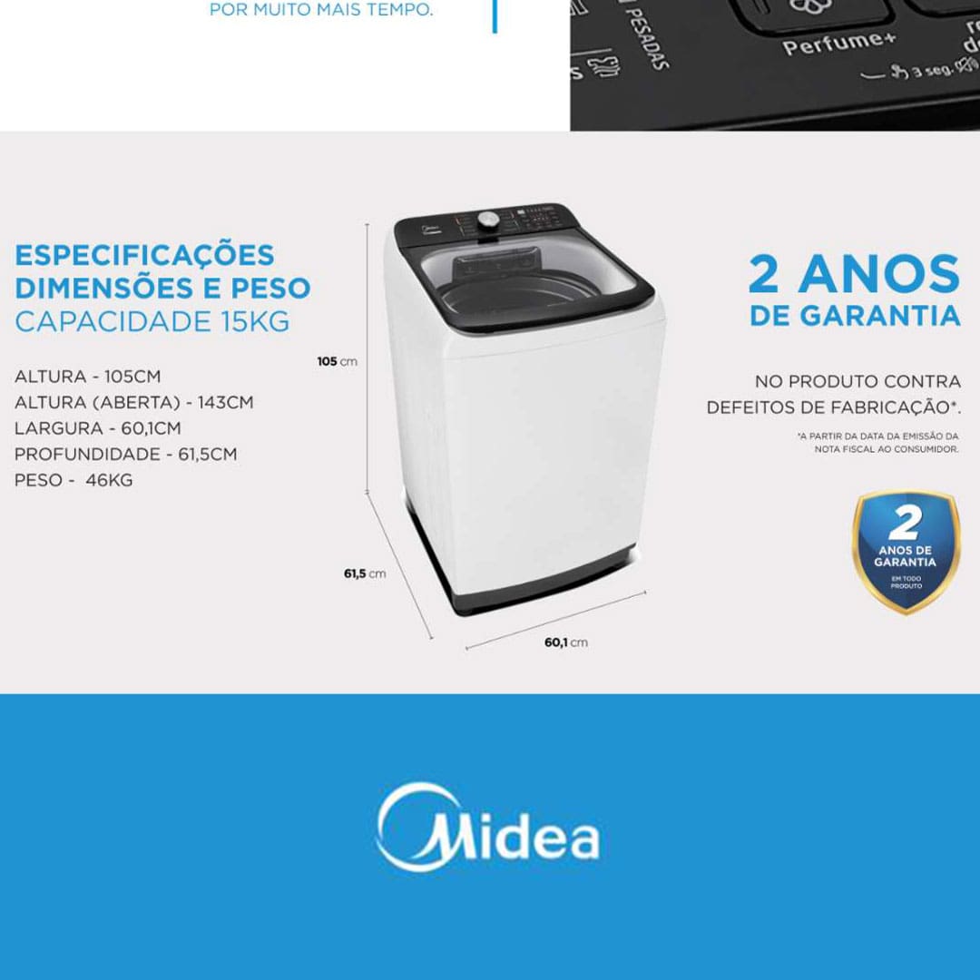 Alta capacidade com economia de água A Lavadora de Roupas Midea Wave Agitator combina eficiência e sustentabilidade, sendo a máquina de lavar de 15kg com o menor consumo de água da categoria. Compacta e potente, essa máquina de lavar roupa Midea é perfeita para lares modernos, unindo grande capacidade e design inteligente. Ideal para quem busca praticidade, ela transforma sua rotina de lavanderia com desempenho excepcional.