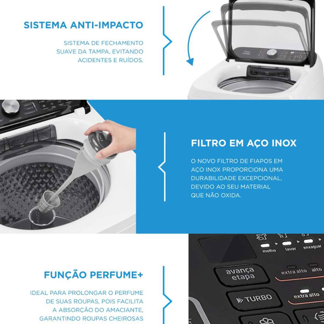 Alta capacidade com economia de água A Lavadora de Roupas Midea Wave Agitator combina eficiência e sustentabilidade, sendo a máquina de lavar de 15kg com o menor consumo de água da categoria. Compacta e potente, essa máquina de lavar roupa Midea é perfeita para lares modernos, unindo grande capacidade e design inteligente. Ideal para quem busca praticidade, ela transforma sua rotina de lavanderia com desempenho excepcional.