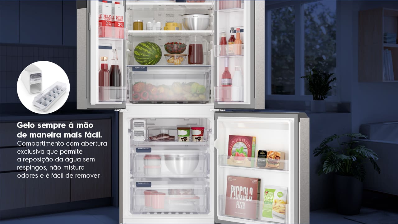Design Inovador e compacto. A Geladeira Electrolux Frost Free Inverter 480L Efficient AutoSense 3 Portas Inox Look IM7S é a escolha para quem busca estilo e praticidade. Com um design inovador e compacto, ela possui apenas 70 cm de largura, ideal para cozinhas com espaço limitado. Suas três portas proporcionam uma organização eficiente e moderna, transformando a aparência da sua cozinha.
