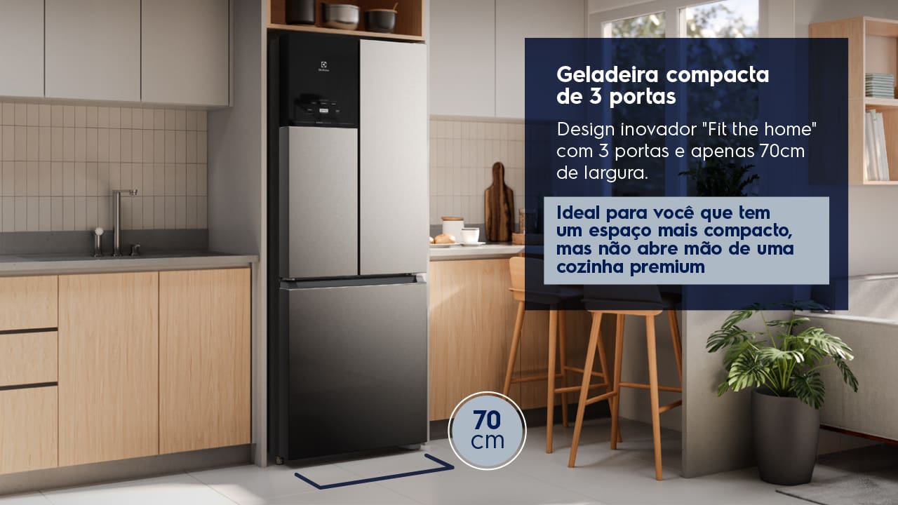 Design Inovador e compacto. A Geladeira Electrolux Frost Free Inverter 480L Efficient AutoSense 3 Portas Inox Look IM7S é a escolha para quem busca estilo e praticidade. Com um design inovador e compacto, ela possui apenas 70 cm de largura, ideal para cozinhas com espaço limitado. Suas três portas proporcionam uma organização eficiente e moderna, transformando a aparência da sua cozinha.