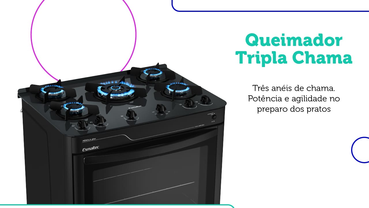 Mesa em Vidro Temperado O Fogão de piso Esmaltec 5 Bocas Pérola Glass 5115 oferece uma mesa em vidro temperado, garantindo alta qualidade e resistência. Este material não só proporciona um design sofisticado à cozinha, mas também assegura durabilidade para suportar o uso diário.