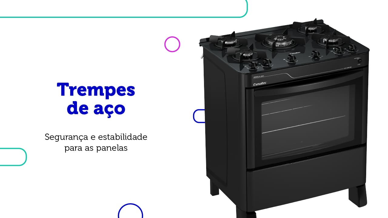 Mesa em Vidro Temperado O Fogão de piso Esmaltec 5 Bocas Pérola Glass 5115 oferece uma mesa em vidro temperado, garantindo alta qualidade e resistência. Este material não só proporciona um design sofisticado à cozinha, mas também assegura durabilidade para suportar o uso diário.