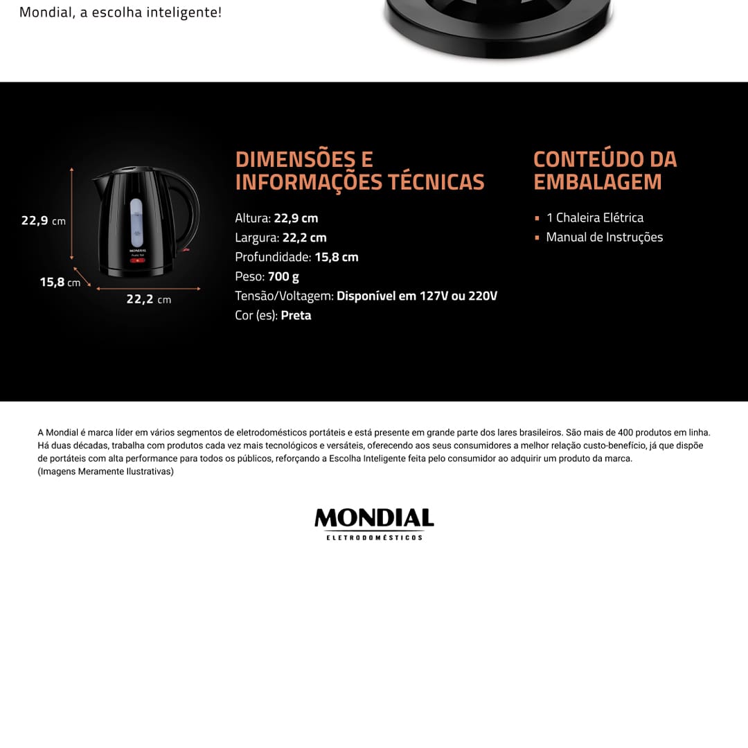 Chaleira Mondial Elétrica Pratic Hot com Capacidade 1 Litro CE-07 - Preta - 110V
