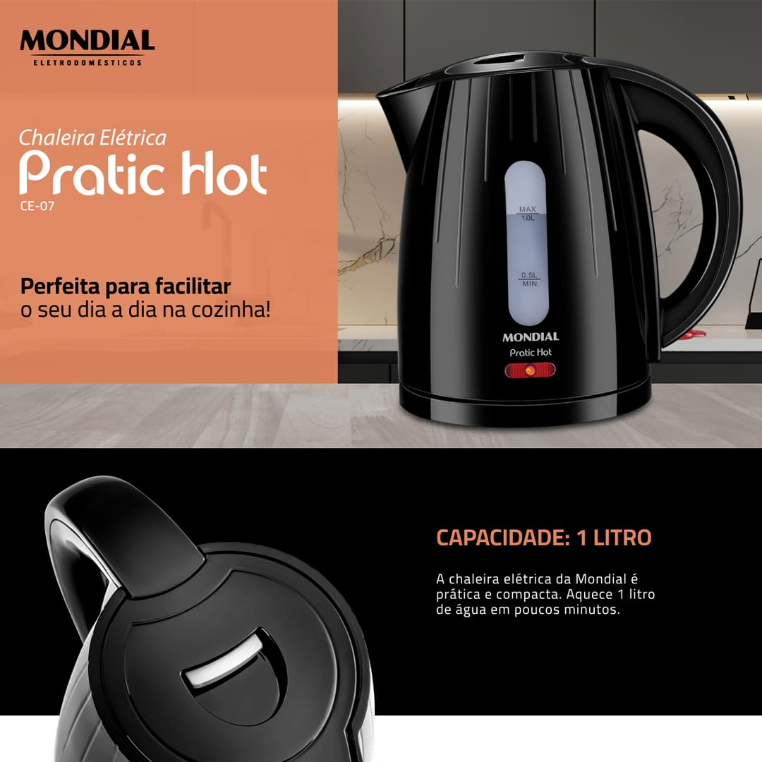 Chaleira Mondial Elétrica Pratic Hot com Capacidade 1 Litro CE-07 - Preta - 110V
