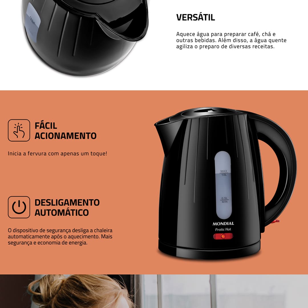 Chaleira Mondial Elétrica Pratic Hot com Capacidade 1 Litro CE-07 - Preta - 110V