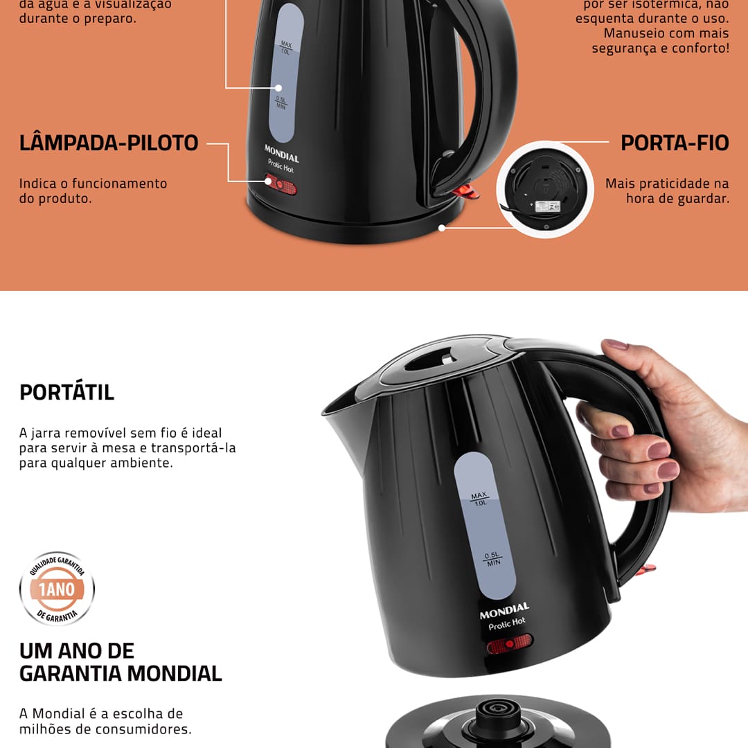 Chaleira Mondial Elétrica Pratic Hot com Capacidade 1 Litro CE-07 - Preta - 110V