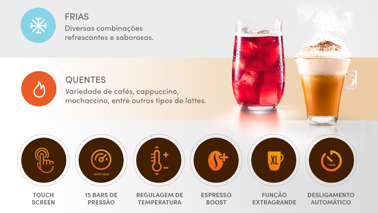 Tecnologia de ponta para bebidas perfeitas. A Nescafé Dolce Gusto Genio S Touch da Arno é uma cafeteira expresso multibebidas que oferece a versatilidade de preparar mais de 45 tipos de bebidas diferentes. Com um sistema de 15 Bars de pressão, ela garante a melhor qualidade, aroma e cremosidade, entregando resultados comparáveis aos dos melhores baristas profissionais. Seu painel Touch intuitivo permite o controle de temperatura com quatro opções distintas, desde bebidas frias até as mais quentes.