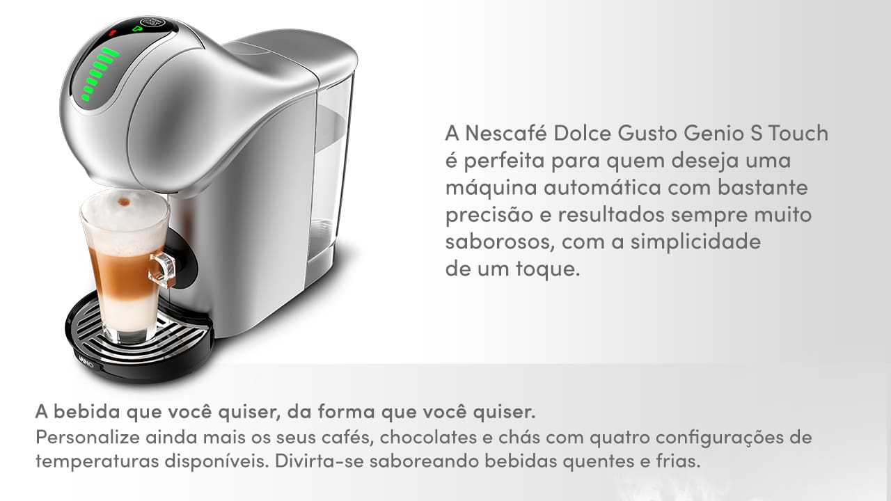 Tecnologia de ponta para bebidas perfeitas. A Nescafé Dolce Gusto Genio S Touch da Arno é uma cafeteira expresso multibebidas que oferece a versatilidade de preparar mais de 45 tipos de bebidas diferentes. Com um sistema de 15 Bars de pressão, ela garante a melhor qualidade, aroma e cremosidade, entregando resultados comparáveis aos dos melhores baristas profissionais. Seu painel Touch intuitivo permite o controle de temperatura com quatro opções distintas, desde bebidas frias até as mais quentes.