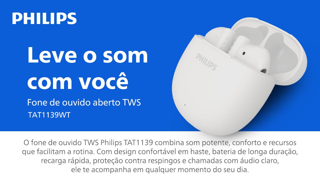 Fone de Ouvido Philips TAT1139WT/00 Bluetooth TWS IPX4 26h de Bateria Branco