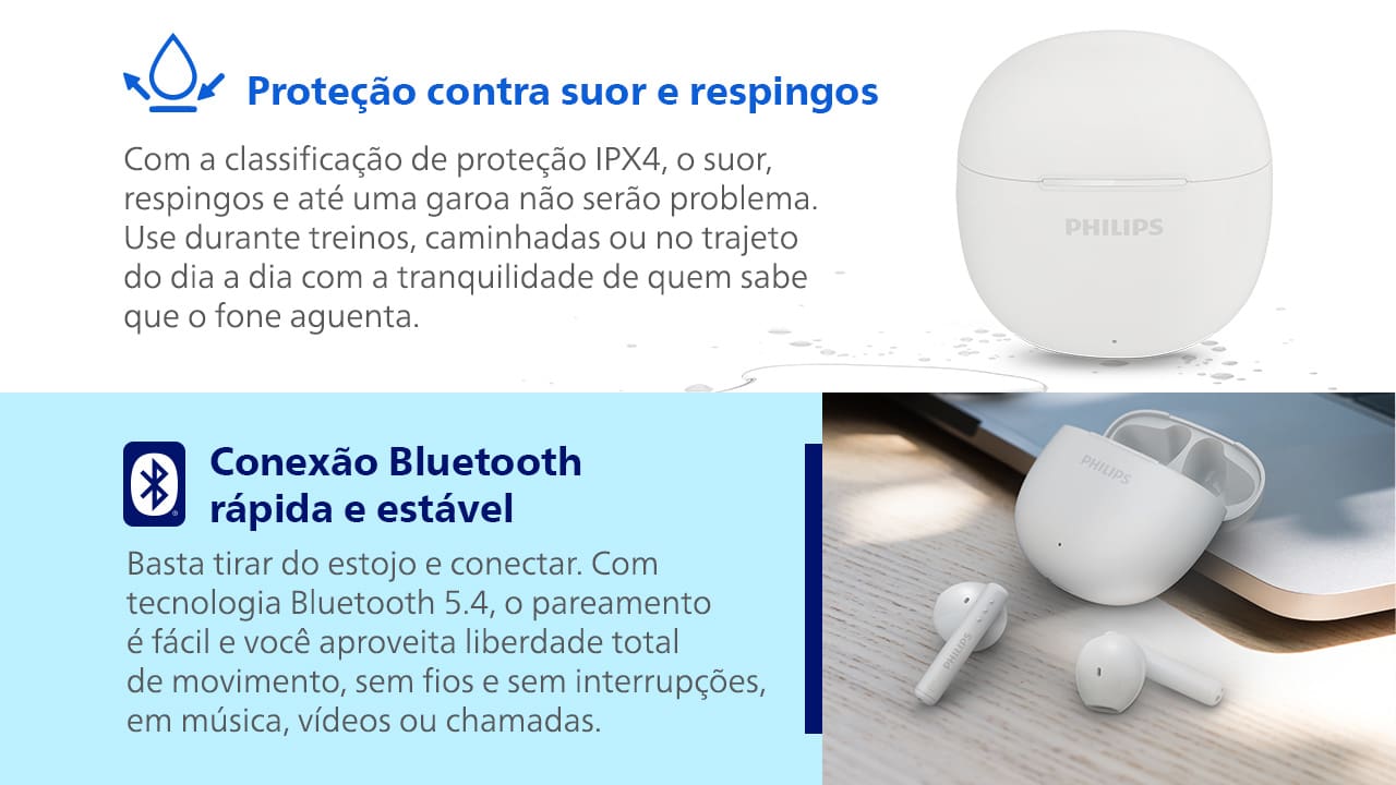 Fone de Ouvido Philips TAT1139WT/00 Bluetooth TWS IPX4 26h de Bateria Branco