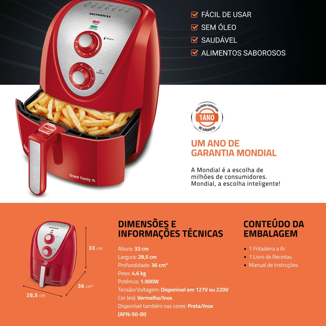 Com uma incrível capacidade de 5 litros, a Fritadeira Sem Óleo Mondial AFN-50 não vai te deixar na mão na hora de preparar aquela refeição para sua família e seus amigos.