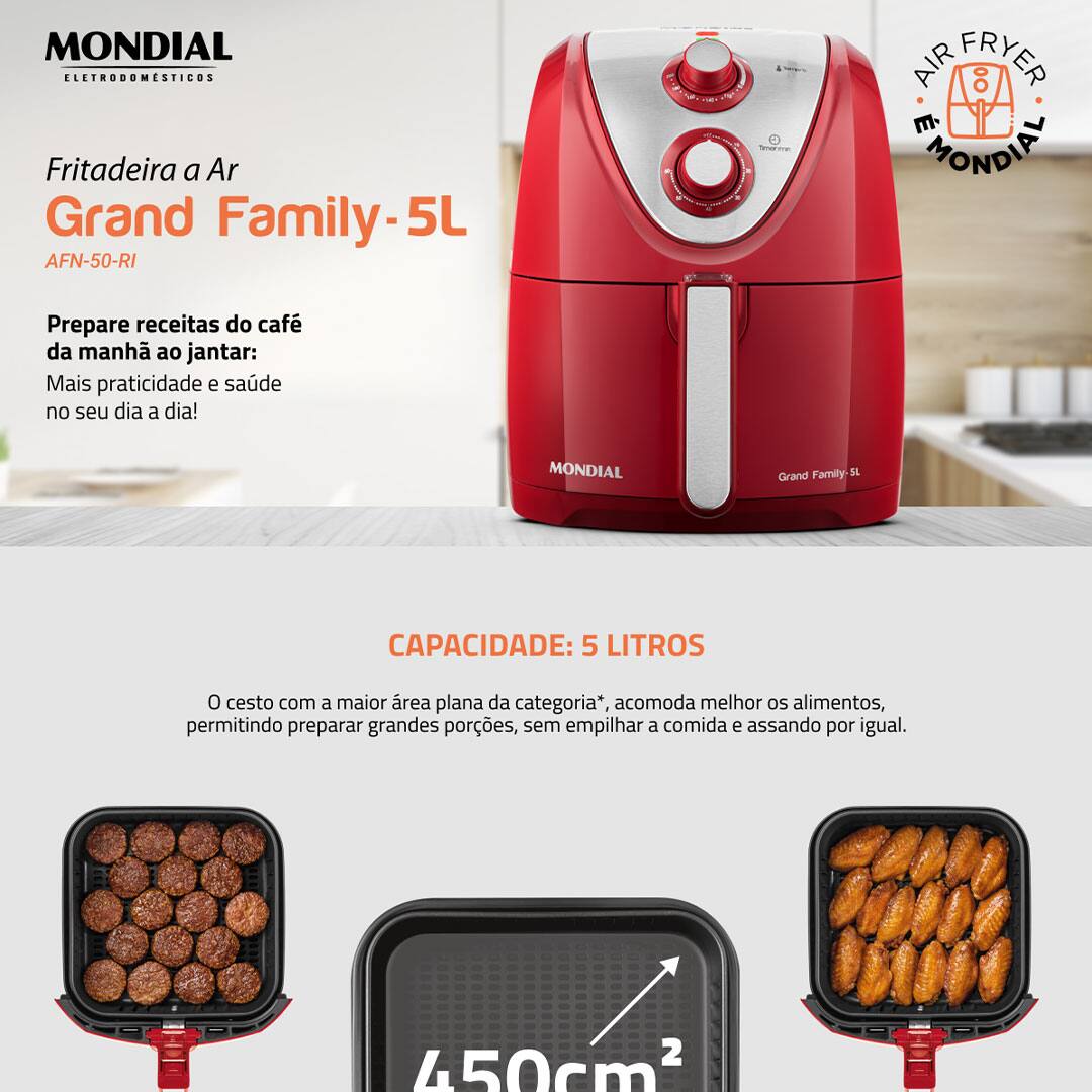 Com uma incrível capacidade de 5 litros, a Fritadeira Sem Óleo Mondial AFN-50 não vai te deixar na mão na hora de preparar aquela refeição para sua família e seus amigos.