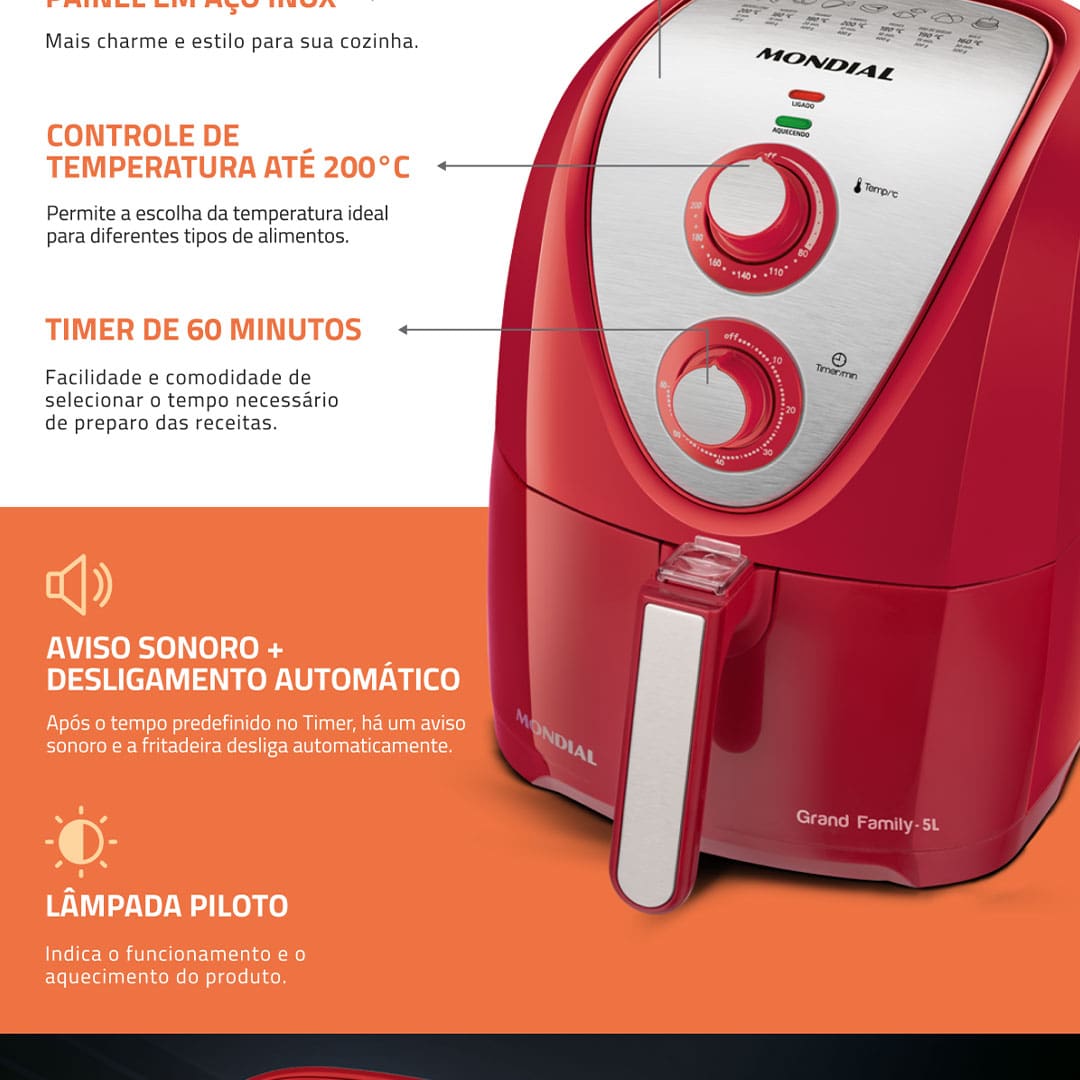 Fritadeira Elétrica Sem Óleo Mondial AFN-50 Grand Family Inox 5L - Vermelha 
