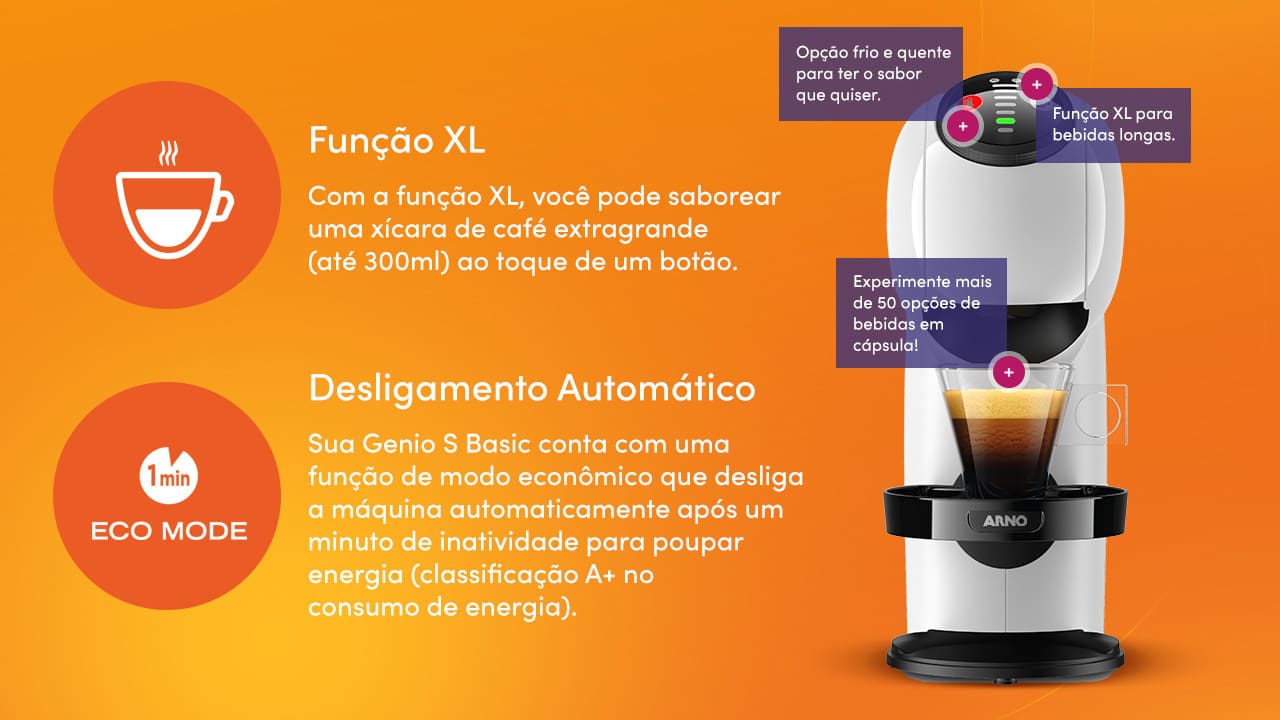 Diversidade de bebidas. A Cafeteira Expresso Arno Dolce Gusto Genio S Basic é ideal para quem aprecia uma vasta gama de bebidas. Com a capacidade de preparar mais de 45 tipos diferentes de bebidas, tanto quentes quanto frias, ela oferece uma solução completa para todas as suas preferências.