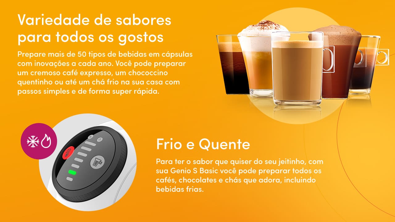 Diversidade de bebidas. A Cafeteira Expresso Arno Dolce Gusto Genio S Basic é ideal para quem aprecia uma vasta gama de bebidas. Com a capacidade de preparar mais de 45 tipos diferentes de bebidas, tanto quentes quanto frias, ela oferece uma solução completa para todas as suas preferências.