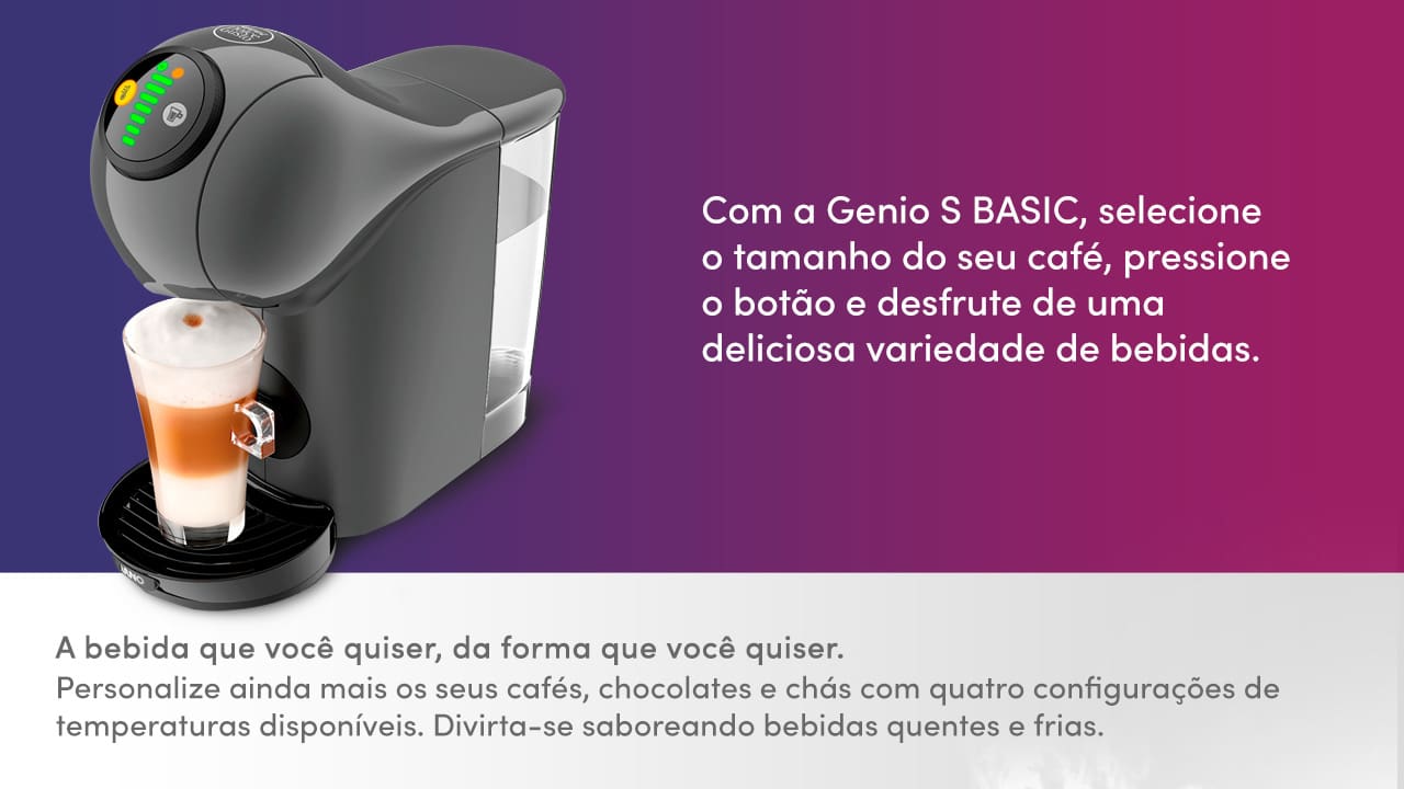 Diversidade de bebidas. A Cafeteira Expresso Arno Dolce Gusto Genio S Basic é ideal para quem aprecia uma vasta gama de bebidas. Com a capacidade de preparar mais de 45 tipos diferentes de bebidas, tanto quentes quanto frias, ela oferece uma solução completa para todas as suas preferências.