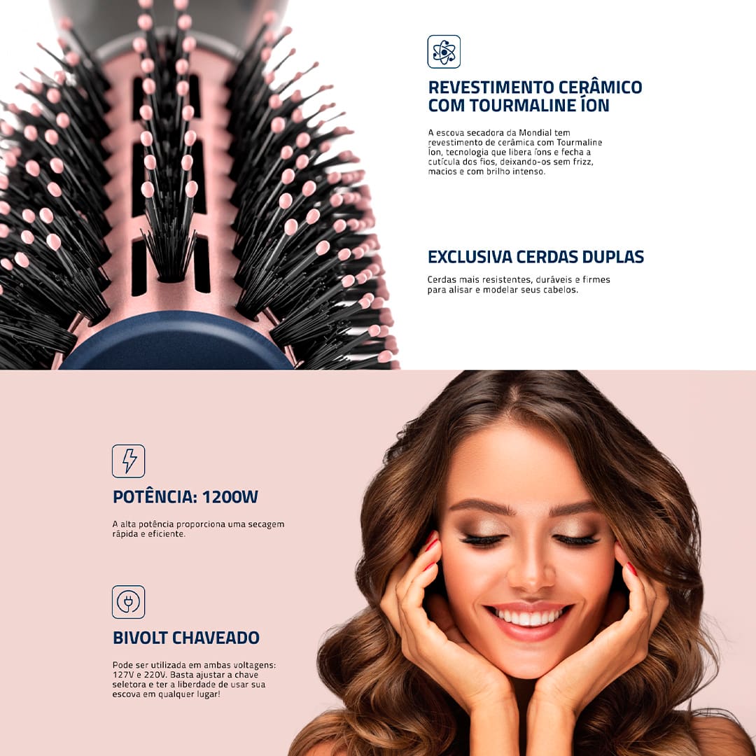 Linha Infrared da Mondial: Seca, alisa e modela o cabelo com eficiência e proteção. Desfrute de cabelos incrivelmente estilosos e bem cuidados todos os dias, sem sair de casa. Transforme sua rotina de cuidados com o cabelo e experimente a diferença que a Escova Secadora Mondial Infrared ES-01 pode fazer para a sua aparência e autoestima.