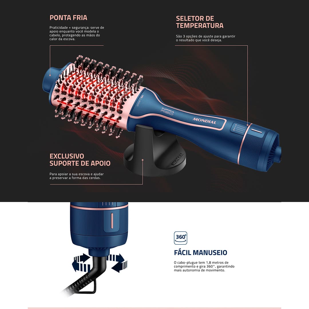 Linha Infrared da Mondial: Seca, alisa e modela o cabelo com eficiência e proteção. Desfrute de cabelos incrivelmente estilosos e bem cuidados todos os dias, sem sair de casa. Transforme sua rotina de cuidados com o cabelo e experimente a diferença que a Escova Secadora Mondial Infrared ES-01 pode fazer para a sua aparência e autoestima.