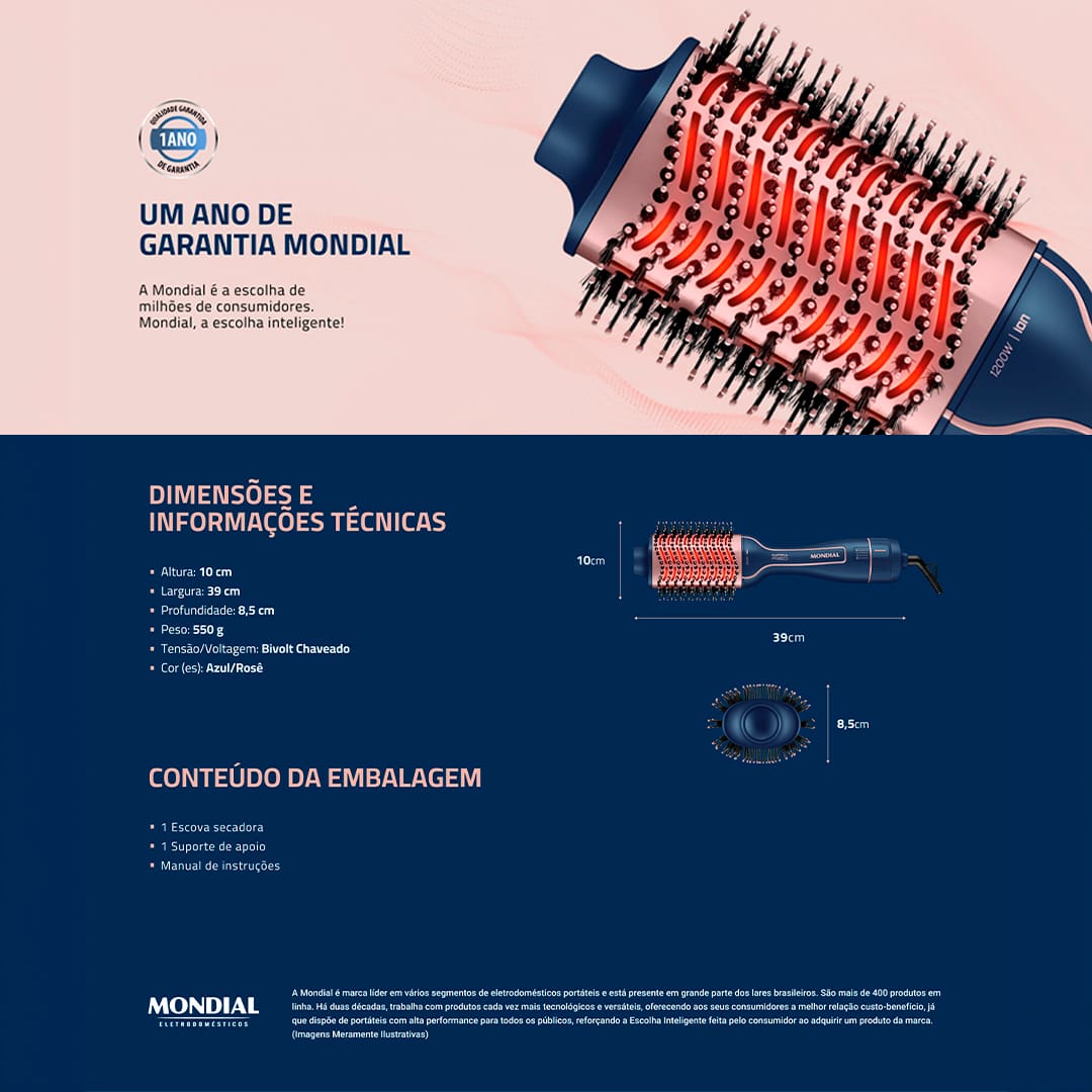 Linha Infrared da Mondial: Seca, alisa e modela o cabelo com eficiência e proteção. Desfrute de cabelos incrivelmente estilosos e bem cuidados todos os dias, sem sair de casa. Transforme sua rotina de cuidados com o cabelo e experimente a diferença que a Escova Secadora Mondial Infrared ES-01 pode fazer para a sua aparência e autoestima.