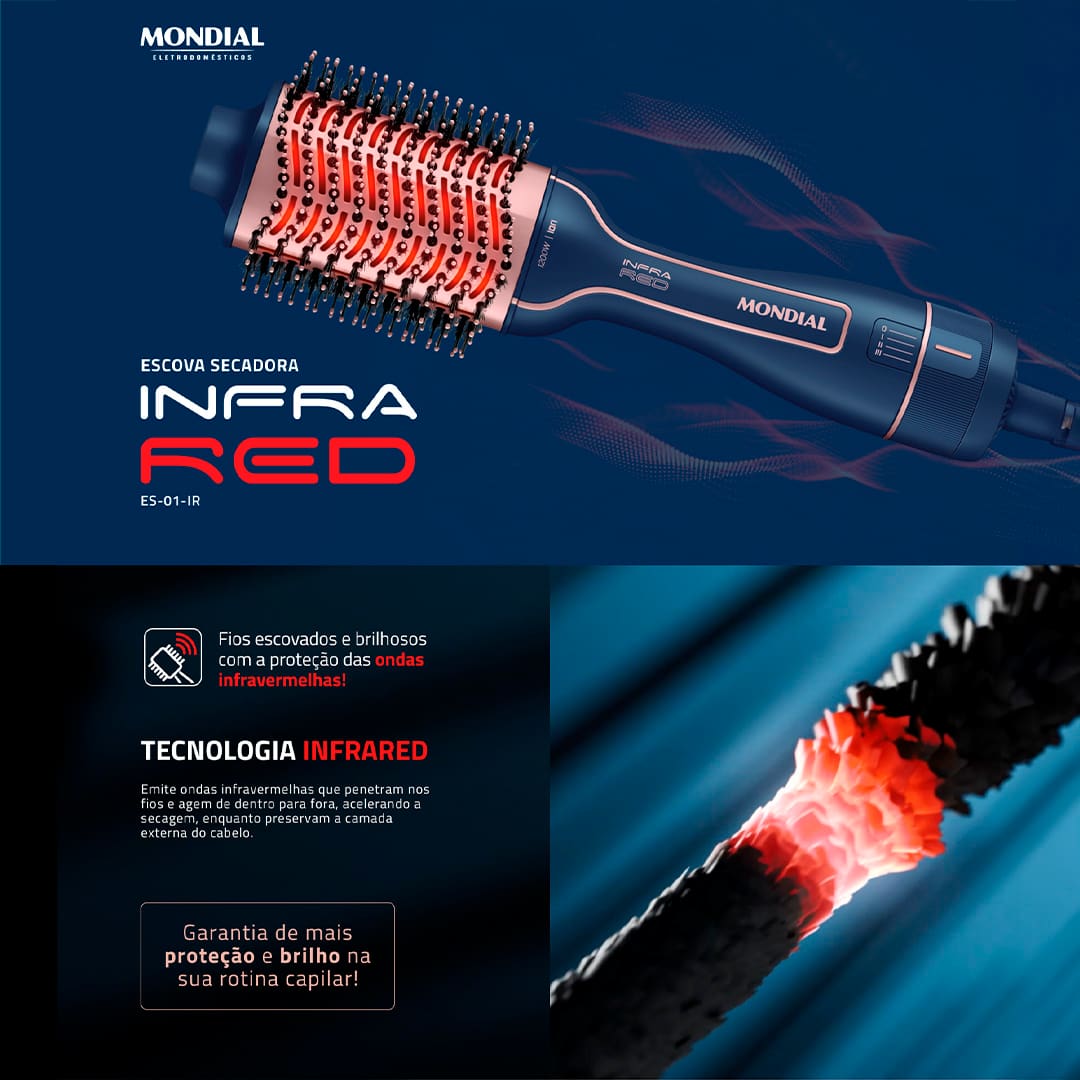 Linha Infrared da Mondial: Seca, alisa e modela o cabelo com eficiência e proteção. Desfrute de cabelos incrivelmente estilosos e bem cuidados todos os dias, sem sair de casa. Transforme sua rotina de cuidados com o cabelo e experimente a diferença que a Escova Secadora Mondial Infrared ES-01 pode fazer para a sua aparência e autoestima.