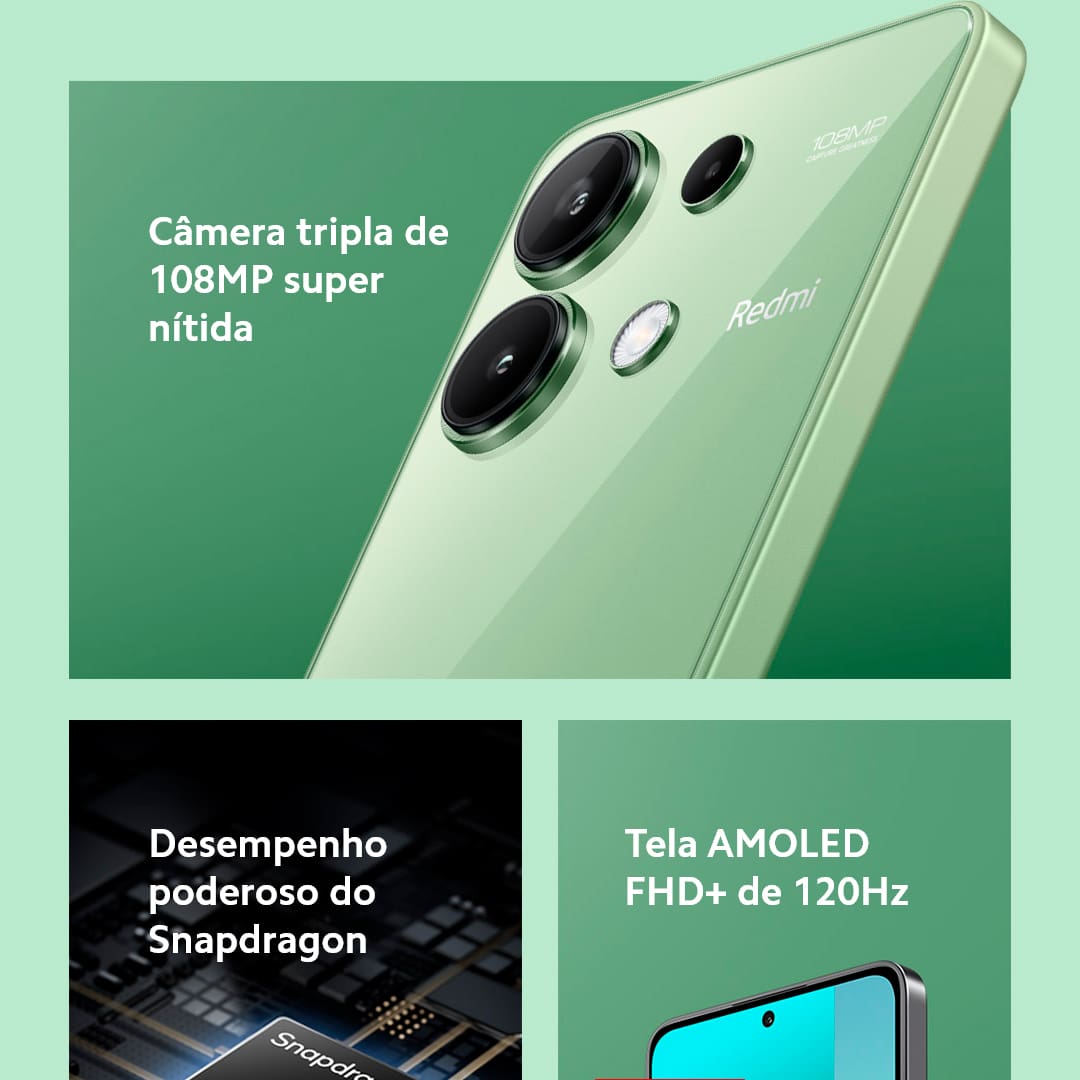 A Xiaomi traz um smartphone perfeito para você que busca velocidade, design e tecnologia. O Redmi Note 13 Azul da Xiaomi conta com velocidade de internet e processamento aprimorados, devido o novo processador MediaTek D6080 entrega toda a performance que você precisa. Seja para jogos, internet ou aplicativo. Já imaginou criar e registrar os melhores momentos com uma câmera principal de 108MP e inteligência artificial Xiaomi? Fique atento aos momentos únicos da sua vida e imortalize-os com qualidade de imagem superior!