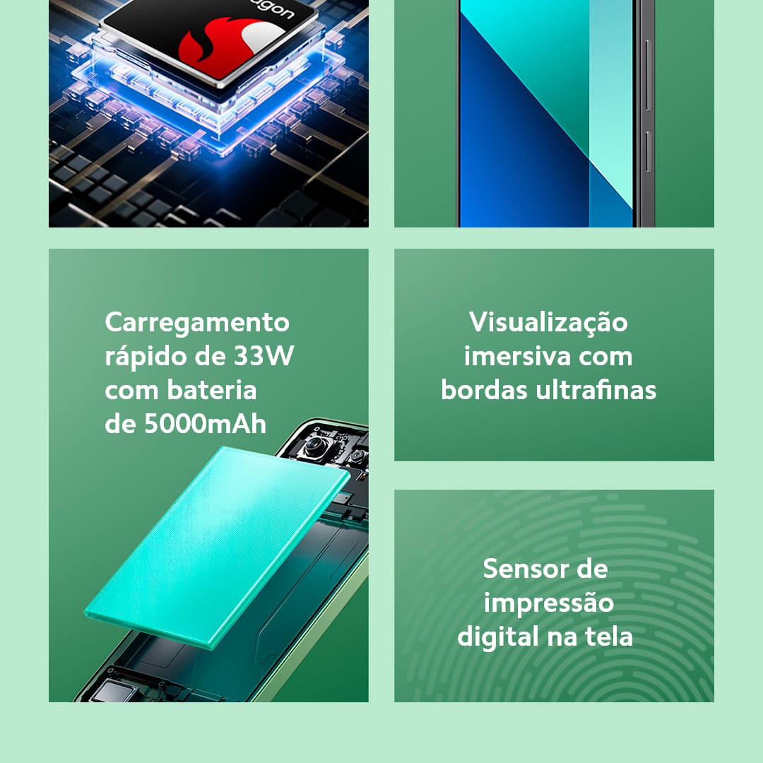 A Xiaomi traz um smartphone perfeito para você que busca velocidade, design e tecnologia. O Redmi Note 13 Azul da Xiaomi conta com velocidade de internet e processamento aprimorados, devido o novo processador MediaTek D6080 entrega toda a performance que você precisa. Seja para jogos, internet ou aplicativo. Já imaginou criar e registrar os melhores momentos com uma câmera principal de 108MP e inteligência artificial Xiaomi? Fique atento aos momentos únicos da sua vida e imortalize-os com qualidade de imagem superior!
